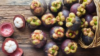 A close-up view of mangosteen fruits